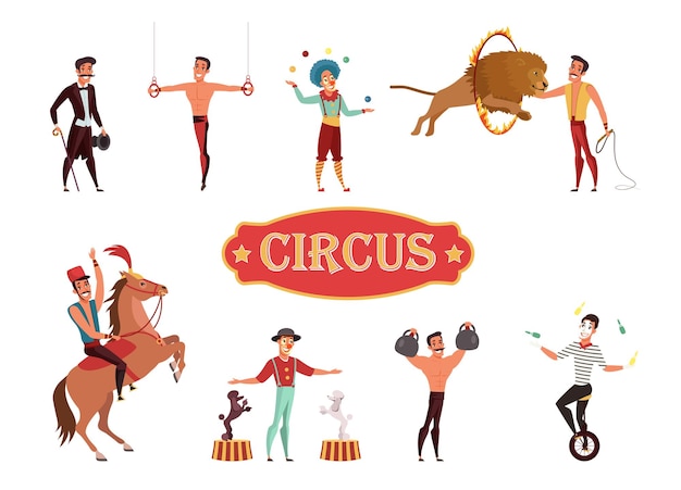 Circus performance actors performers cartoon characters set Carnival amusement theater entertainment show with stunts animal handlers clowns jugglers and athletes