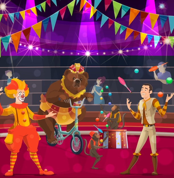 Circus performers vector poster with clown, bear on bike and tamer with juggling monkeys performing magical show on big top arena