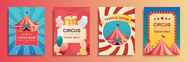 Vector circus show cover brochure set in flat design poster templates with striped tent for acrobat clown or magician art performances balloons cotton candy carnival tickets vector illustration