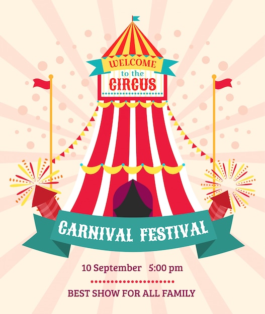 Circus show entertainment carnival festival announcement invitation poster  illustration. Festive circus marquee, big top, entry with flags, salute.