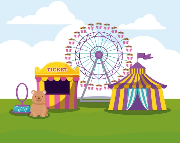 Circus tent with wheel panoramic and cute bear