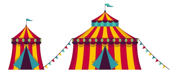 Vector circus tents. red stripes carnival marquee with flags isolated on white background