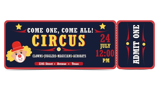 Circus ticket Blue background Clowns jugglers magicians acrobats