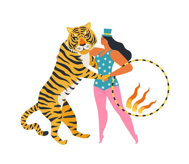 The circus tiger dancing with the woman holding a fiery ring