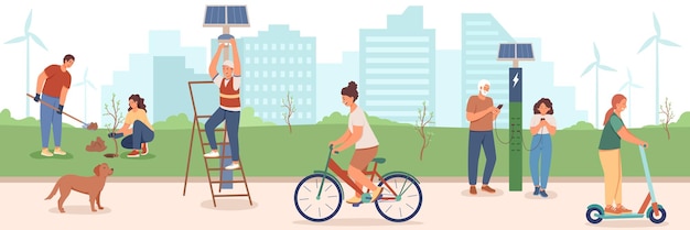 Citizens use nature energy sparingly Vector characters plant trees use solar panels Personal vehicles that do not pollute nature Public charging stations