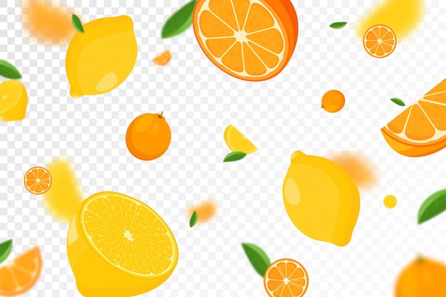 Citrus background Flying Lemon and orange with green leaf on transparent background Lemon and orange falling from different angles Focused and blurry objects Flat cartoon vector