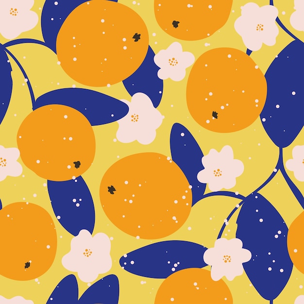 Citrus flowers and fruits seamless pattern background blossoming orange trees exotic tropical print