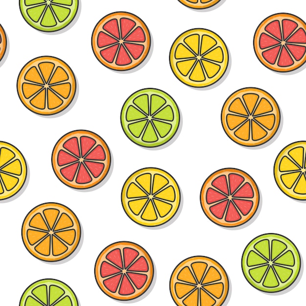 Citrus Fruit Seamless Pattern On A White Background. Fresh Orange, Grapefruit, Lemon, Lime Icon Vector Illustration