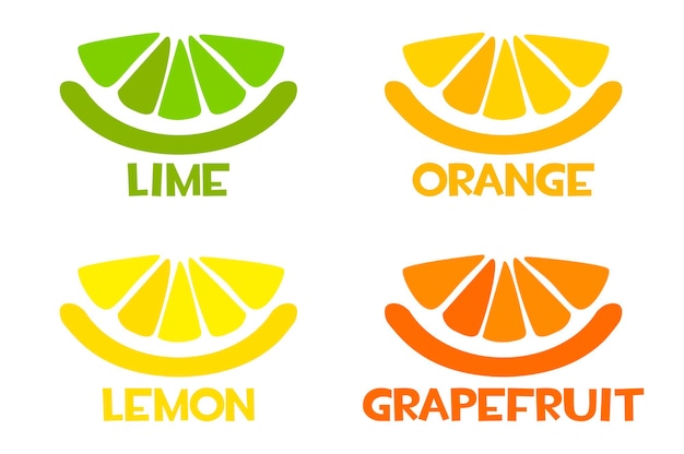 Citrus fruit slices icons, fresh lemon, orange, lime, grapefruit.