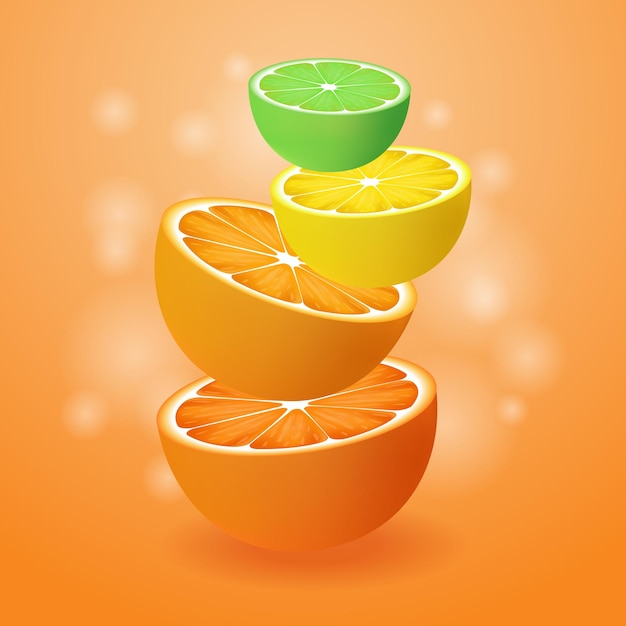 Citrus halves on a yellow gradient background Vector illustration