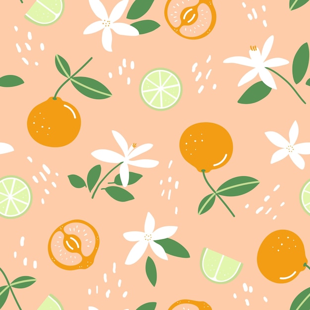 Citrus seamless pattern Mandarin lime slices and flowers on pastel orange background