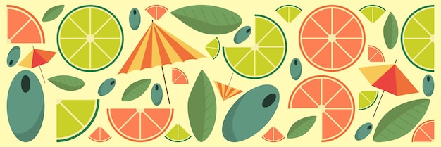 Citrus slices of lemon orange lime and grapefruit Mint leaf olives and Cocktail umbrella Vector illustration banner or background summer