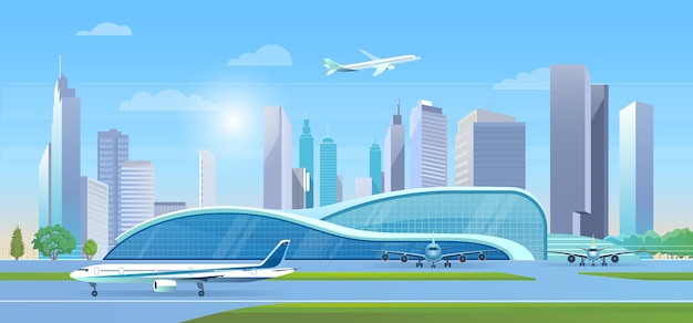 City airport vector illustration. Cartoon flat airport terminal modern creative building