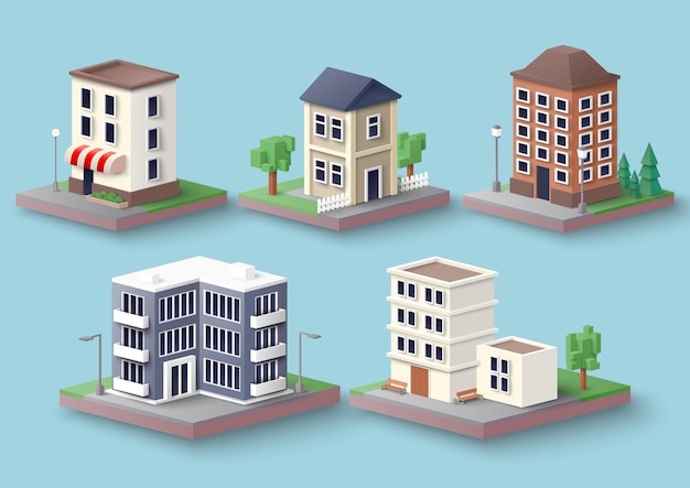 City apartment building set, vector illustration. Isometric multi storey residential house exterior, home facade.