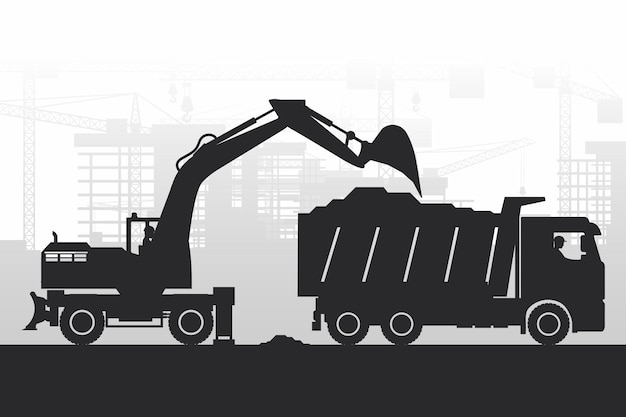 City background with buildings under construction and silhouettes of heavy machinery with wheeled excavator filling a truck with materials