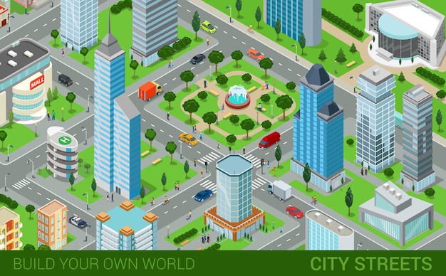 City block streets transport blocks concept Modern trendy flat d isometric infographics Street buildings cars vans ice cream square park fountain business center park Build your own world