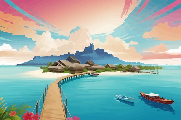 city Bora Bora Tahiti seacoast view sea illustration