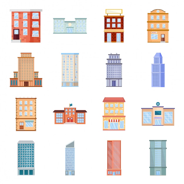 City building cartoon icon set