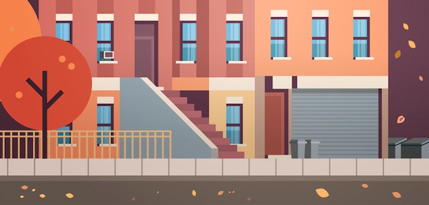 Vector city building houses facade view autumn street leaves fall real estate flat horizontal