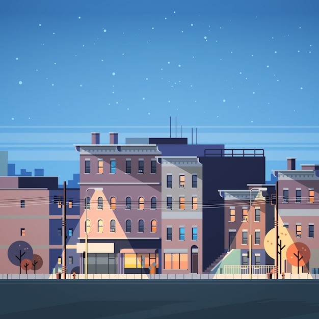 Vector city building houses night view skyline background 