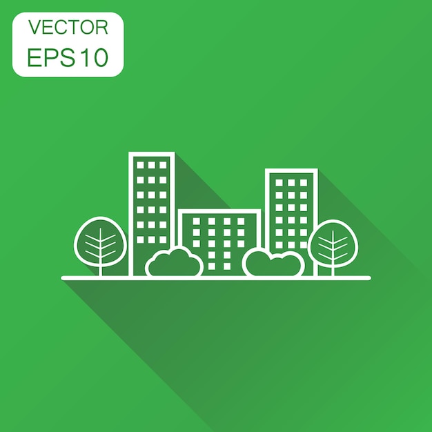 Vector city building icon business concept line town pictogram vector illustration on green background with long shadow