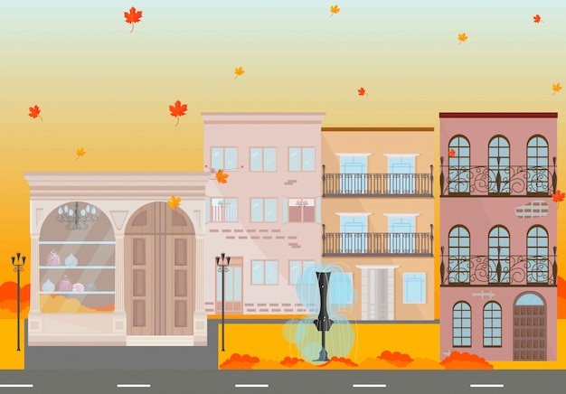 City buildings in Autumn season Vector background illustration