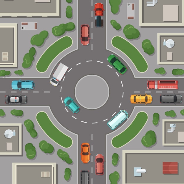 city buildings, roads and cars top view illustration