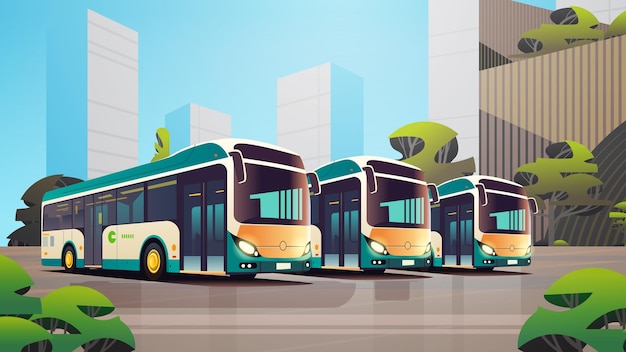 city buses vehiclel modern public transport urban and countryside traffic comfortable moving concept cityscape background horizontal vector illustration