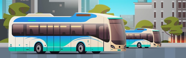 City buses vehicles modern public transport urban and countryside traffic comfortable moving concept