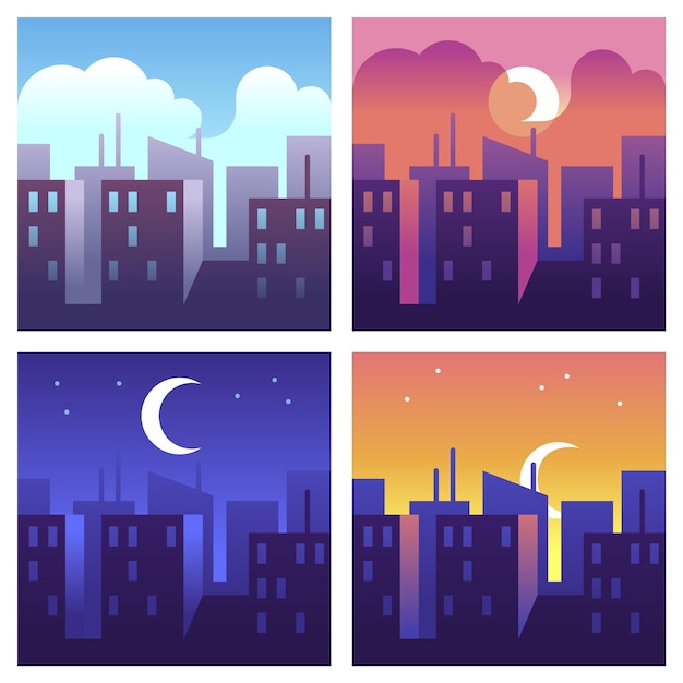 City day times. Morning and noon, evening and night cityscape, buildings and skyscrapers at different time, modern urban landscape concept, vector cartoon illustrations in flat style