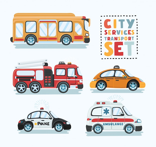 City emergency transport  set. Ambulance car, tow truck, school bus, police car, fire truck  illustration. Service auto vehicle, urban social car, roadside assistance transport.