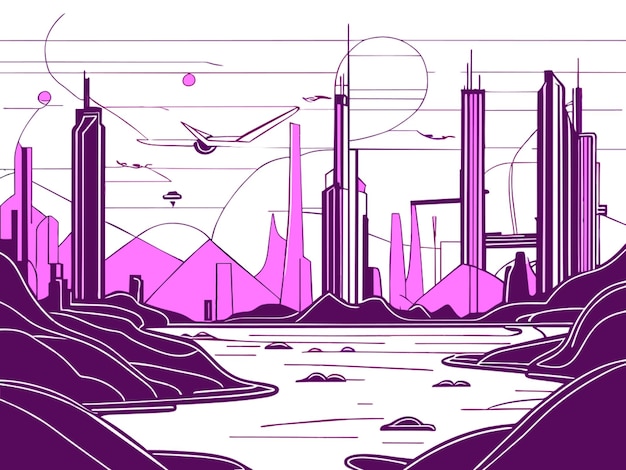 Vector city of the future retro futurism landscape skyscrapers river detailing cyberpunk vector