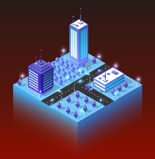 City future smart urban Isometric night lights architecture 3D illustration