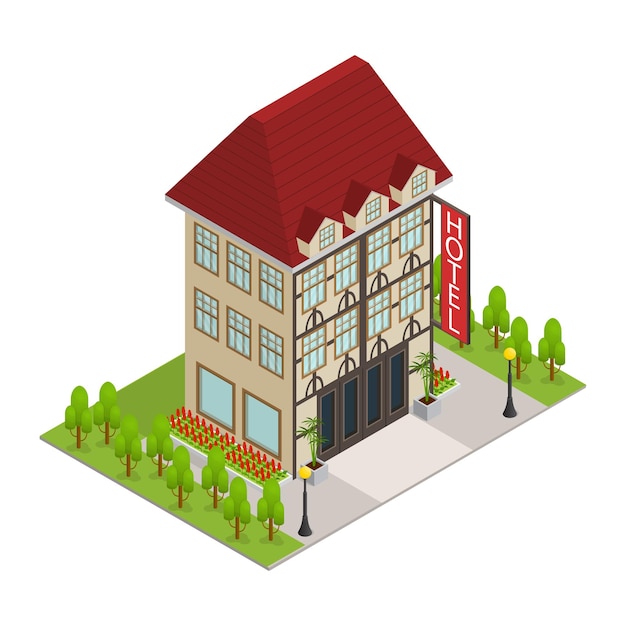 City Hotel Building Isometric View Vector