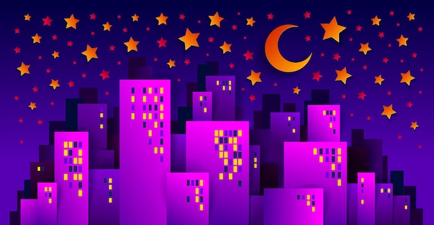 City houses buildings in the night with moon and stars paper cut cartoon kids game style vector illustration, modern minimal design of cute cityscape, urban life, midnight time.