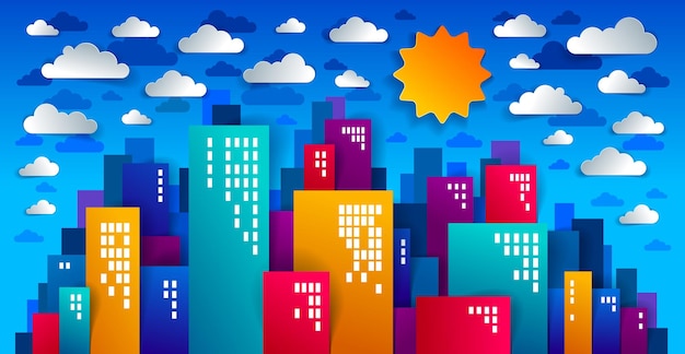 City houses buildings paper cut cartoon kids game style vector illustration, modern minimal design of cute cityscape, urban life, clouds in the sky.