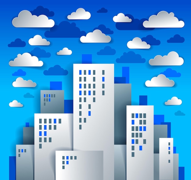 City houses buildings paper cut cartoon kids game style vector illustration, modern minimal design of cute cityscape, urban life, clouds in the sky