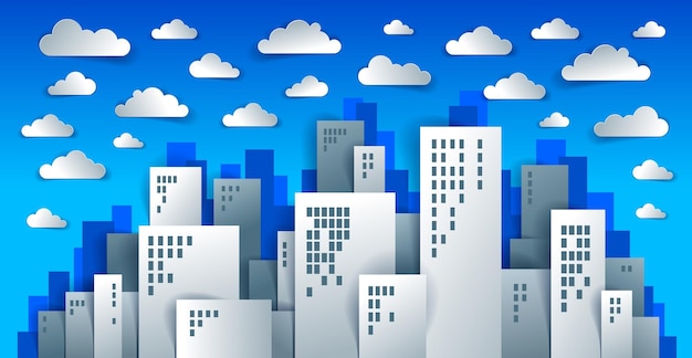 Vector city houses buildings paper cut cartoon kids game style vector illustration, modern minimal design of cute cityscape, urban life, clouds in the sky.