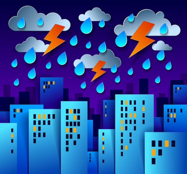 City houses buildings under thunderstorm and lightning in the night paper cut cartoon kids game style vector illustration, modern minimal design of cute cityscape, urban life, cloudy rainy sky.