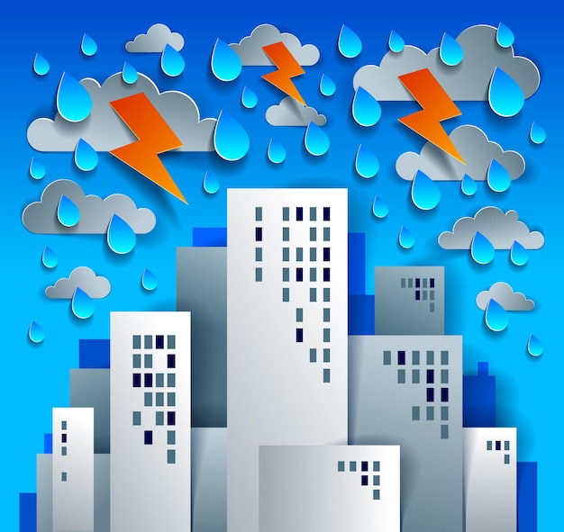 City houses buildings under thunderstorm and lightning paper cut cartoon kids game style vector illustration, modern minimal design of cute cityscape, urban life, clouds and rain in sky.