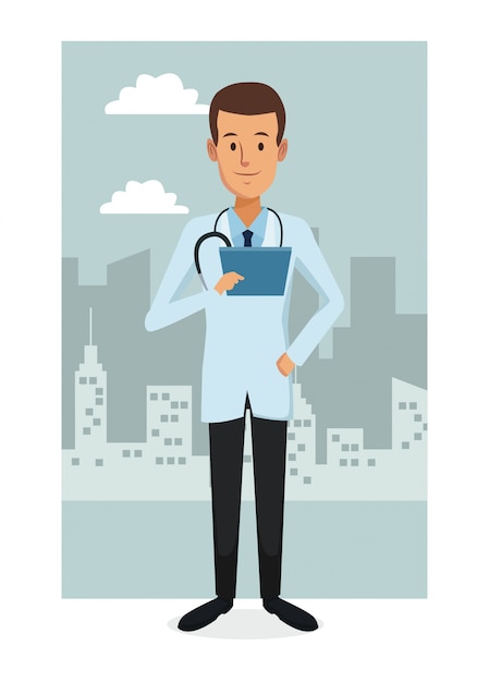 city landscape frame background with colorful full body doctor male