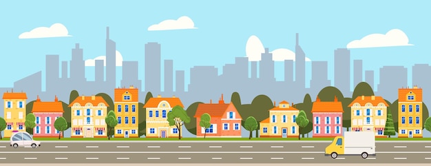 City landscape seamless horizontal illustration cityscape skyscrapers suburban houses