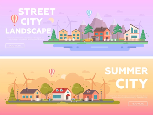 City landscape - set of modern flat vector illustrations with place for text. Two variants of landscapes with small buildings, windmills, people, mountains, hills, benches, lanterns, trees, balloons