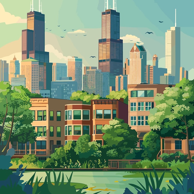 Vector city landscape with skyscrapers river and trees vector illustration