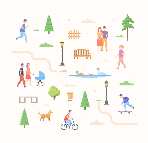 City life constructor - set of modern flat design style elements isolated on light background. Trees, lanterns, benches, skater, running, cycling boy, couples, walking girl, bin, gate, road, cloud