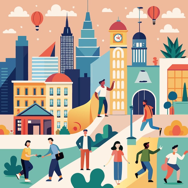 Vector city life people walking buildings and hot air balloons