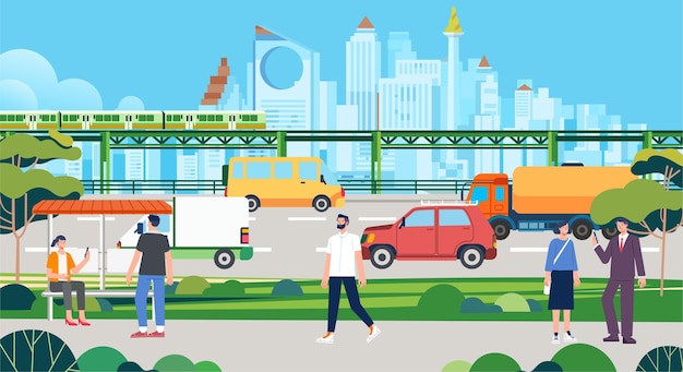 City life train monorail Cars on city road People walking with chat activity on street Urban infrastructure modern futuristic city landscape and transport traffic