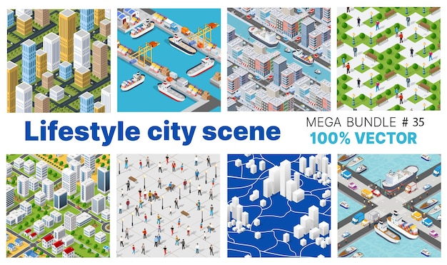 The city lifestyle scene set 3D illustration on urban themes with houses