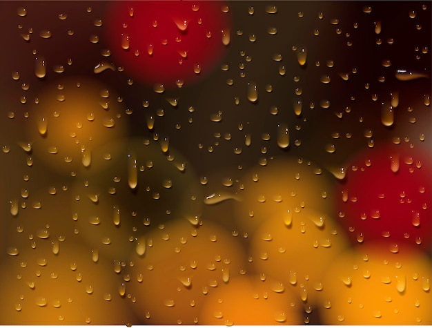 Vector city ligths and window drops condensation water falls on glass background rain drops with flares