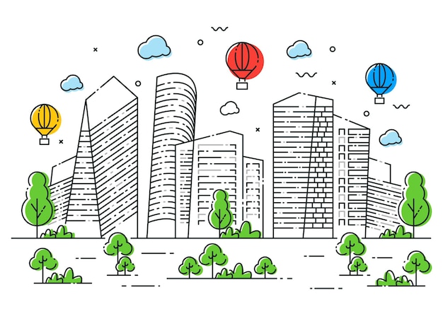 City line illustration design concept with tree and air balloon